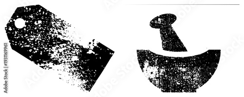 Black and white vector of price tag and mortar pestle, speckled distressed texture, isolated graphic elements, retail pricing symbol, herbal grinding tool.
