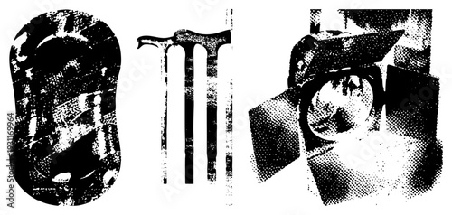 Retro styled halftone illustrations curved vintage radio, classic cane, and studio spotlight, textured, artistic, graphic design elements.