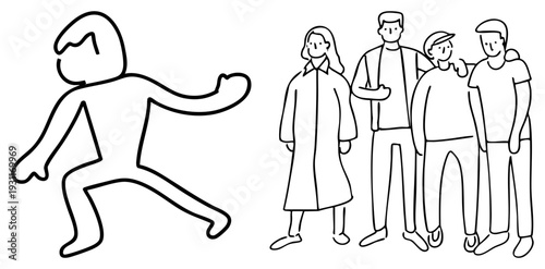 Individual sprinting past group, runner in motion, people standing together, minimalist art, stylized human figures, dynamic pose contrast.