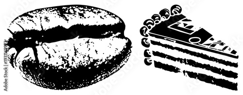 Coffee bean with textured surface, cake slice with piped border, halftone vector art, dessert, bakery graphic, food illustration, design.