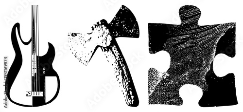 Stylized electric guitar, battle, jigsaw puzzle, halftone texture, vector art, flat design, isolated symbols.