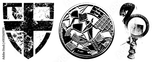 shield emblem, circular mosaic style badge, ornate trophy all, stylized, graphic design elements with distressed textures and geometric.