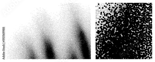 Vector graphic with halftone dot gradients and dense chaotic dot clusters, isolated design elements, digital art, graphic design, black and white abstraction.