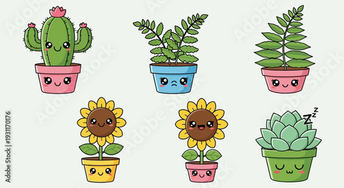 A set of cartoon cactus plants and flowers in pots featuring floral art designs for a spring garden illustration