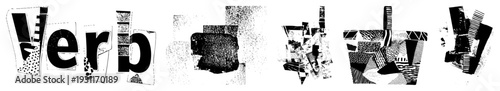 Artistic fragmented typography spelling "Verb," composed of geometric shapes with halftone textures, abstract design, graphic lettering, modern visual language.