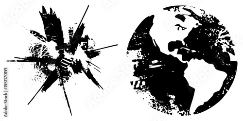Cracked glass explosion and stylized globe, representing worldwide disruption or global crisis, abstract protest, environmental breakdown, digital fragmentation.