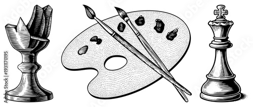 Artistic chess queen beside painter’s palette with brushes, classic halftone shading, illustration, creative tools, vintage engraving style, symbolic composition, isolated elements.