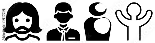 Vector of stylized people woman with mustache, businessman, moon wearer, arms raised figure. Flat design, symbolic representation of roles or emotions.