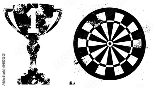 First place trophy with number one, dartboard target, competitive symbols, achievement, game elements, success motifs.
