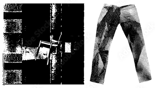 Black and white halftone graphic showing a chair and pants, stylized with dot matrix shading, vector art, isolated foreground elements.