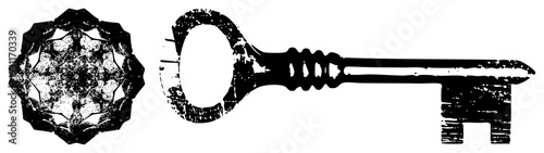 Distressed black silhouette of antique key and geometric gearwheel, vector for design, flat graphic assets, industrial style elements.