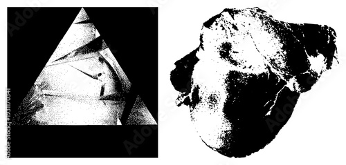 Vector halftone forming triangular and amorphous shape, black and white dot matrix art, graphic design elements, stylized forms.