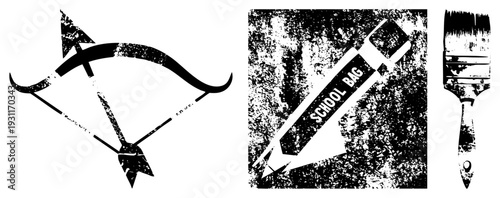 Retro black and white stencil bow and arrow, school bag, paintbrush. Graphic symbols with distressed texture. Educational, artistic, and motifs.
