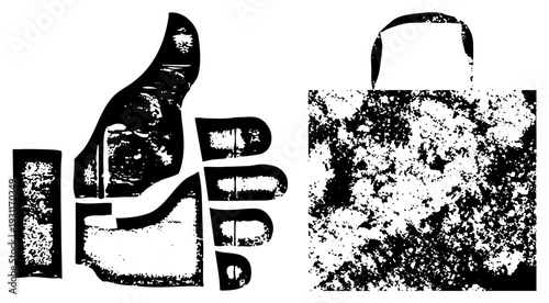 Distressed black and white vector a textured thumbs up hand gesture and a speckled tote bag silhouette, ideal for modern digital branding or print with gritty aesthetic.