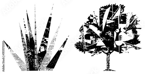 Stylized plant and tree silhouettes rendered in bold black shapes with halftone texture, abstract botanical art, graphic design element, vector illustration, isolated foreground.