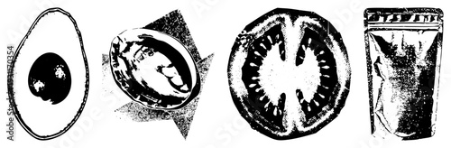 Vector art of sliced avocado, abalone, tomato section, and spice pouch, rendered in halftone dot style. Food illustration, culinary graphic, texture, food packaging design.