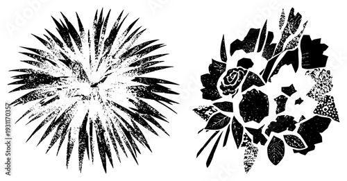 Graphic stencil art of firework and rose bouquet, halftone texture, vector cutout, design, decorative print elements.