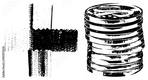 Black ink illustration of coin pile and textured brushstroke, vector art, financial symbol, design, economic, graphic element.