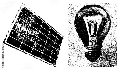Solar panel grid harvesting sunlight, incandescent bulb symbolizing innovation, eco friendly power, clean energy technology, sustainable future.