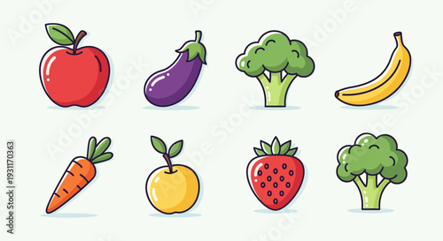 Set of fresh vegetables vector illustration featuring healthy tomato, carrot, pepper, onion, and broccoli icons isolated in a cartoon collection