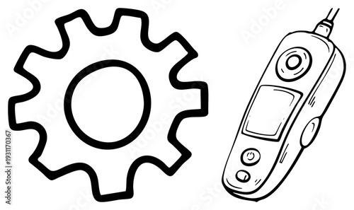 Mechanical gear and digital thermometer device, technical tools, engineering symbols, industrial equipment, schematic diagram.
