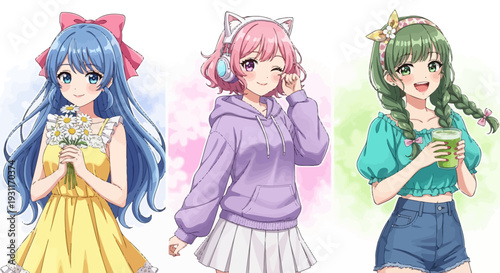 Two happy girls in colorful carnival and Halloween costumes smile with joy, featuring fashion dresses and princess styles for fun childhood celebration in a beautiful vector illustration