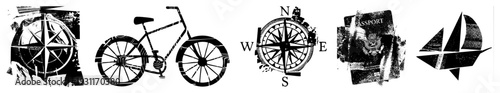 Travel themed compass rose, bicycle, passport, sailboat, grungy vector art, adventure symbols, wanderlust motifs, journey elements.