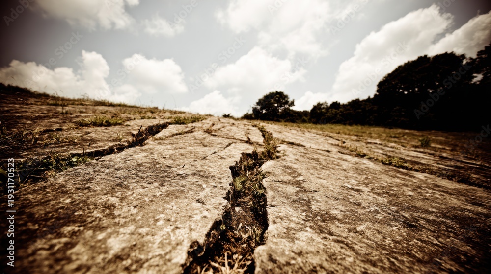 Obraz premium Cracked earth slope with erosion line under a cloudy sky