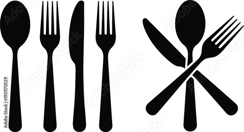 Spoon fork and knife cutlery icon set with crossed utensils restaurant symbol black silhouette vector illustration