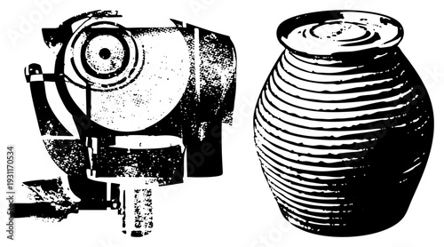 Retro film projector with lens and reels, ceramic jar with ribbed texture, halftone vector art, black and white, isolated graphics, cinema equipment, storage container.