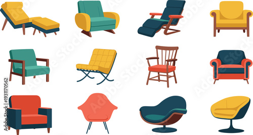 Stylish armchair and lounge chair collection, modern colorful furniture set vector illustration isolated on light background