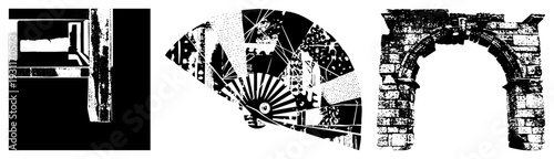 Geometric building fragments, stone, and structural motifs rendered in halftone, vector art, architectural graphic elements.