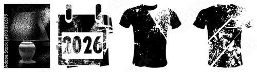 Graphic tee shirts with splattered paint effects, 2026 calendar design, lamp silhouette, halftone, urban streetwear aesthetic.
