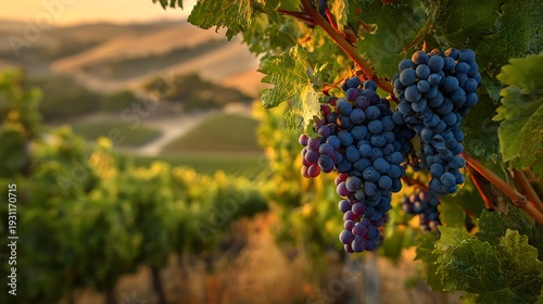 Ripe purple grapes hang heavily from the vine in a sunlit vineyard at sunset.