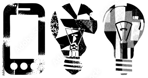 Graphic symbols of innovation smartphone, lightbulb, windmill, stylized tech, digital communication, renewable energy, design.