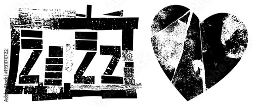 Stylized "Zzz" sleep symbol with distressed texture, paired with fragmented heart, both in high contrast black and white, ideal for sleep or romance themes.