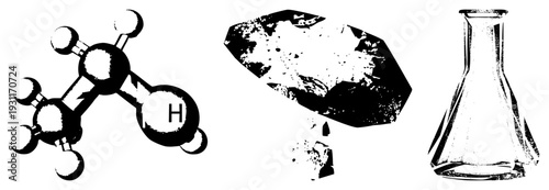 Chemical molecule model with atoms, geological rock sample, glass conical flask, scientific research tools, lab equipment, chemistry education, STEM illustration.