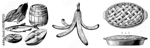 Classic engraved style depicting seafood, banana peel, woven pie crust, and barrel, rustic food items, antique vector art, culinary collection.