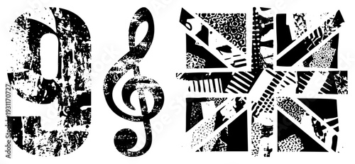 Distressed musical glyphs, treble clef and number nine with gritty textures, geometric fragments, vector art, graphic design elements.
