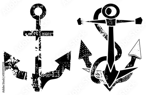 Two stylized anchor with weathered texture, nautical symbols, maritime emblem, vintage graphic, black and white design, grunge aesthetic.