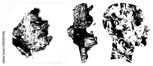 Three stylized human head profiles filled with chaotic ink strokes, abstract expressionism, graphic art, black and white vector, psychological symbolism, mental fragmentation.