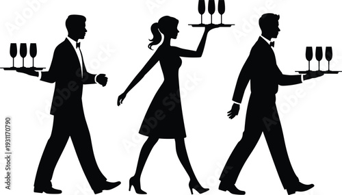Waiter and waitress silhouettes carrying wine glasses on tray, restaurant catering staff walking, hospitality service black vector illustration