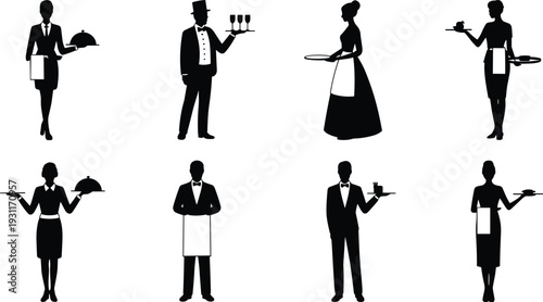 Waiter and waitress silhouettes set with trays drinks and covered dishes restaurant hospitality service staff vector illustration