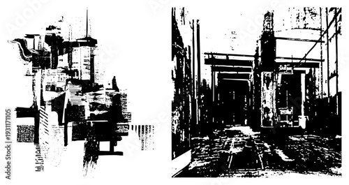 Stylized cityscape with fragmented buildings and alleyways, rendered in stark black and white halftone, urban decay aesthetic, architectural forms, graphic design element.