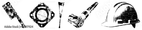Distressed vector illustrations of cleaver, gear,, pipe wrench, and hard hat,, industrial, gritty texture, isolated objects.
