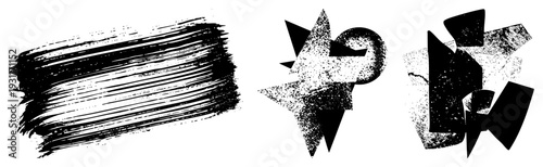 Dynamic black ink brushstroke, starburst halftone, fragmented geometric forms, graphic design elements, vector art pieces, composition, artistic abstraction.