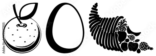 Stylized fruit, circular letter O, cornucopia overflowing with tropical and temperate fruits, vector design, graphic, isolated elements.