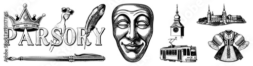 Elegant monogram "Parsory" styled with regal crown, quill pen, and fountain pen, vintage typography, classic ink illustration, design, literary branding.