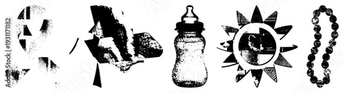 Fragmented geometric forms with halftone shading, abstract composition, graphic design elements, vector art, textured shapes, stylized, aesthetic.