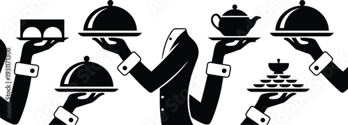 Waiter service icons set with cloche, tray, teapot and desserts black silhouette vector illustration collection